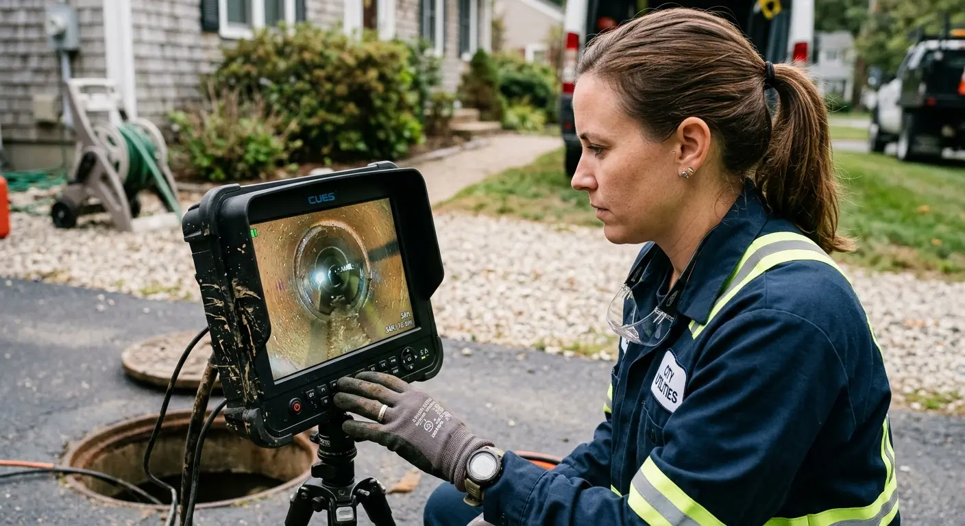 Technician reviewing sewer camera inspection footage in Sunbury