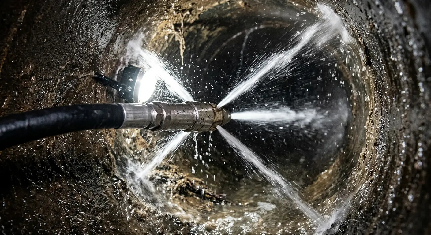 High-pressure hydro jetting nozzle cleaning sewer pipe for Emergency Drain Service in Sunbury