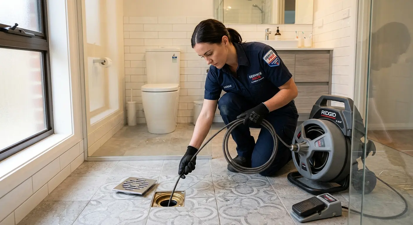 Technician clearing a bathroom floor drain for Drain Cleaning in Sunbury